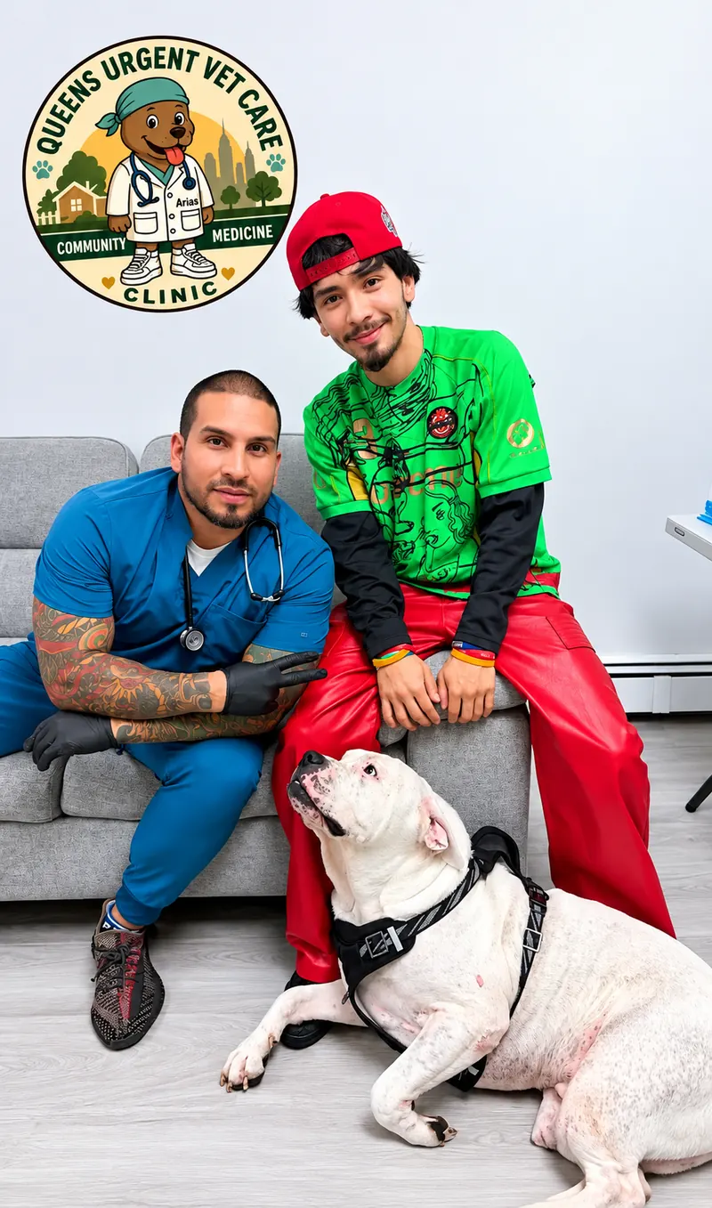 El Dr. David Arias con uniforme azul, sentado en un sofá junto a un dueño de mascota y un paciente bulldog blanco