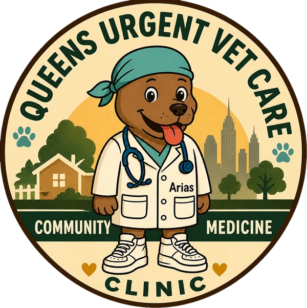 Queens Urgent Vet Care mascot: a dog in a white coat with a stethoscope